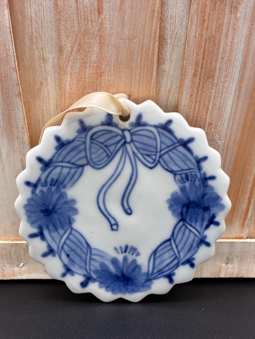 Beautiful Vintage 1990s Blue and White Floral Hand-Painted Ceramic Ornament